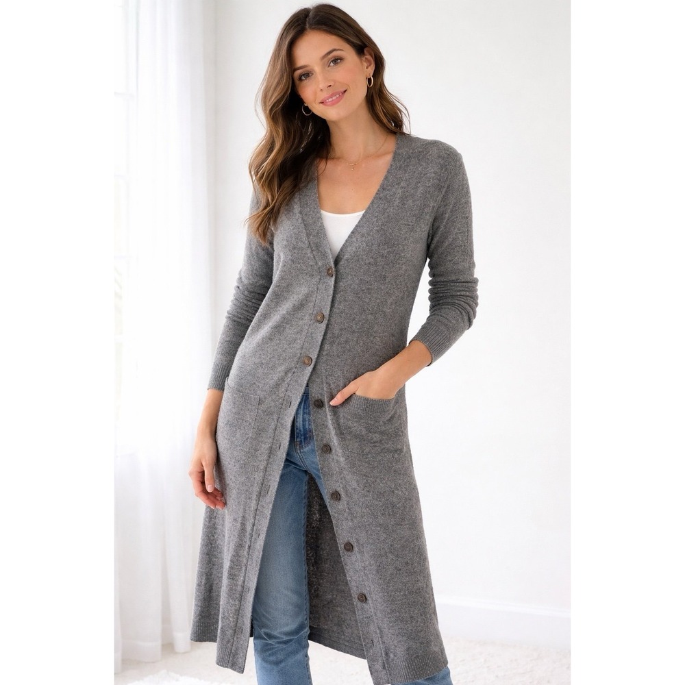 NSF Wool Cashmere Cardigan Long Duster Gray Button‎ Front Women's S Neutral EUC